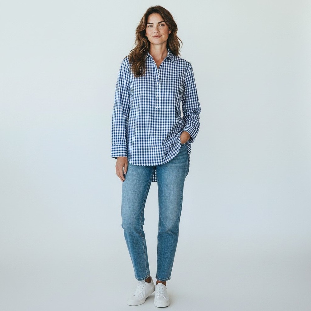 Lands' End Blue White Gingham Check Long Sleeve Popover Tunic Shirt Size 10